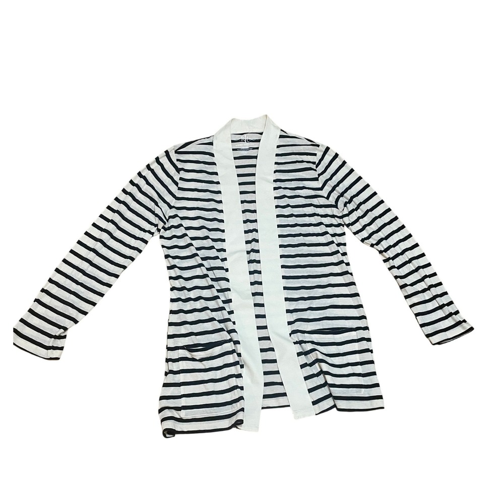 Ralph Lauren Essentials Women XL Black Cream Striped Open Front Cardigan Pockets